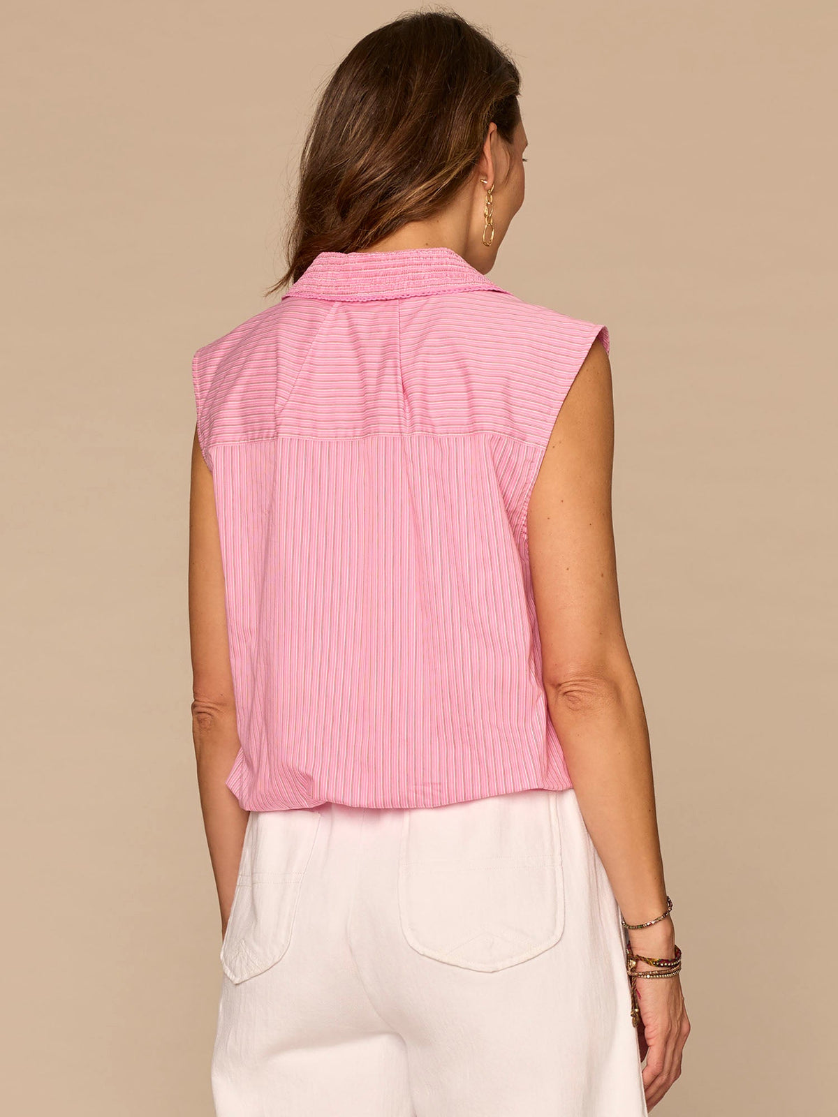 Democracy Clothing Sleeveless Smocked Collar Button Down Striped Petite Woven Shirt - Flamingo Pink|Cosmic Cobalt