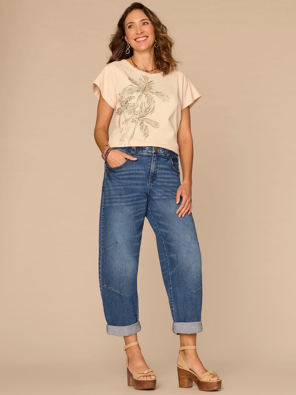 Democracy Clothing Short Sleeve Scoop Neck Palm Tree Embroidered Knit Boyfriend Tee - Soft Linen Multi|Candy Pink Multi