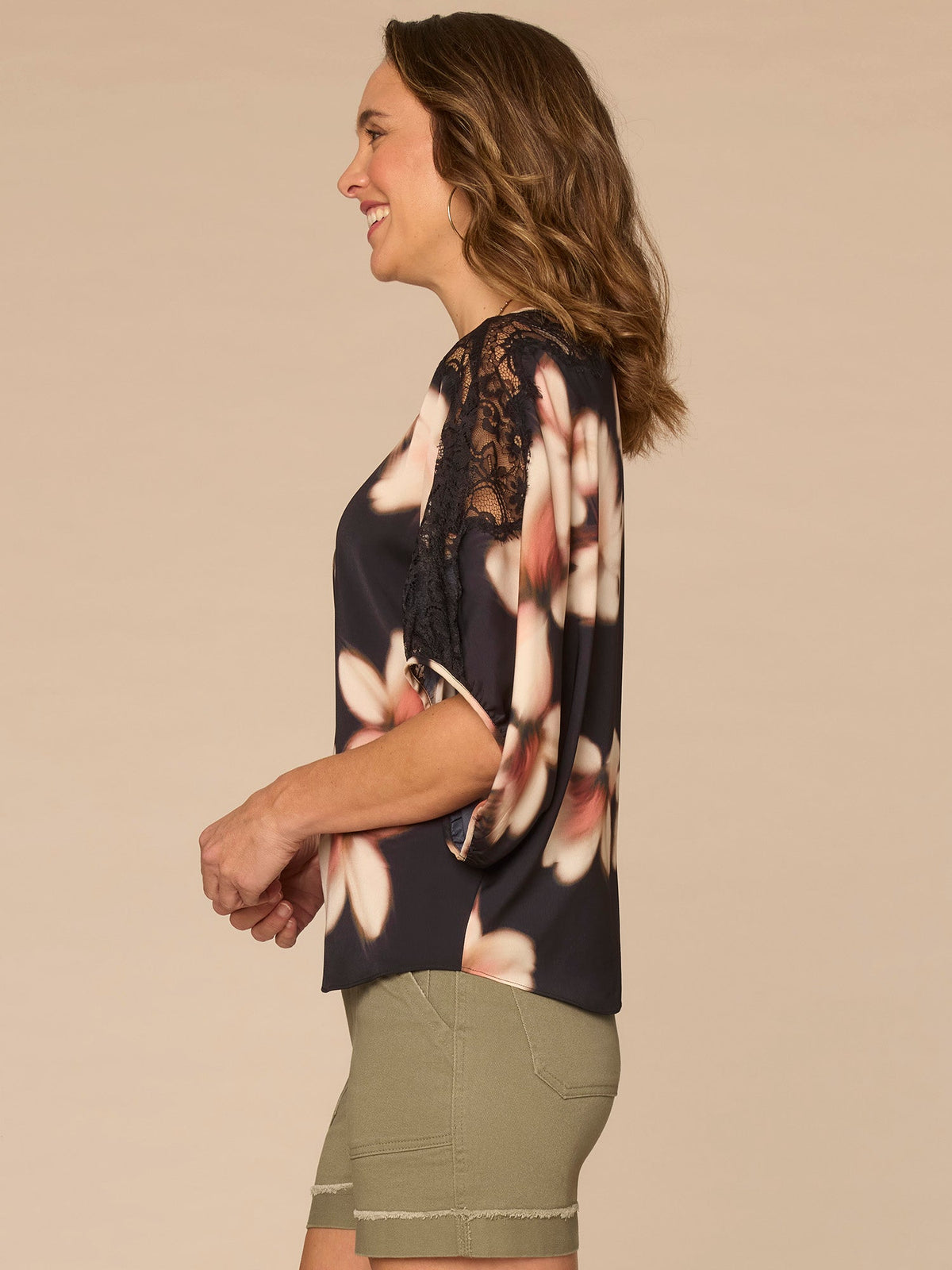 Democracy Clothing Inset Lace Dolman Sleeve Scoop Neck Floral Print Petite Woven Top - Black Soft Blush Multi