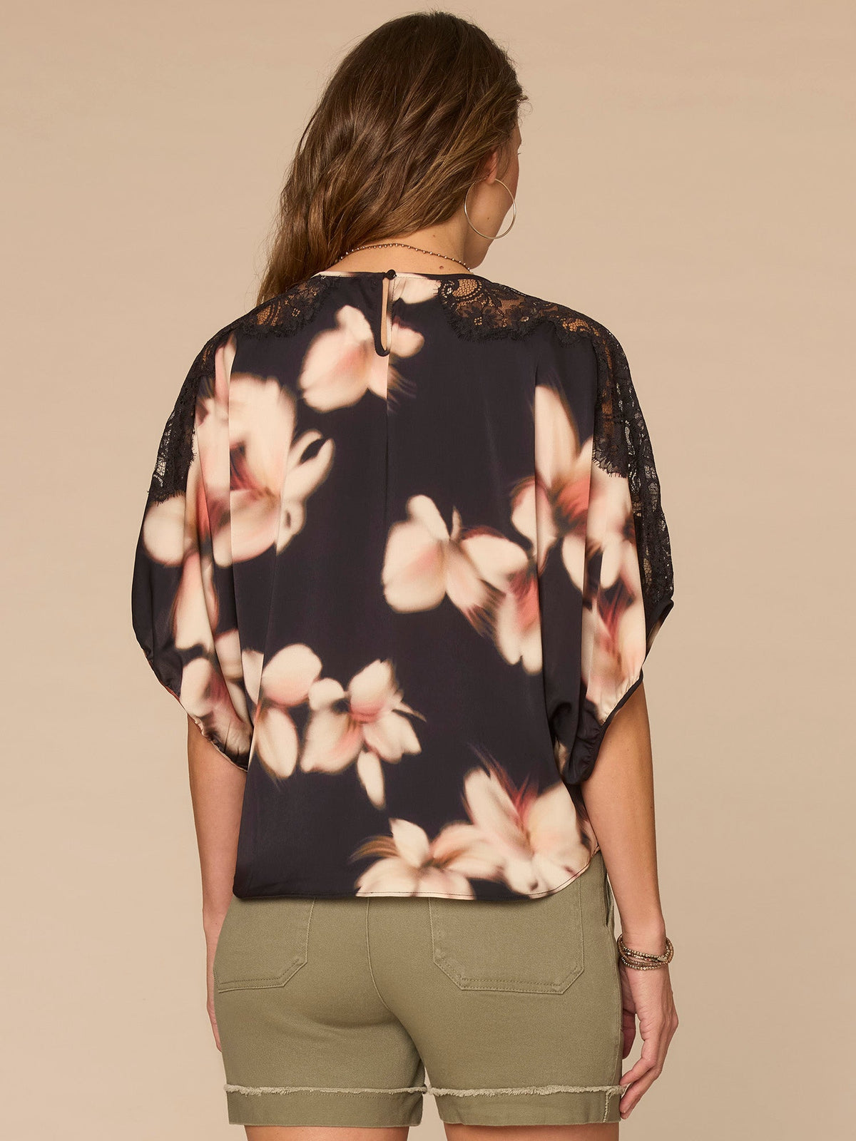 Democracy Clothing Inset Lace Dolman Sleeve Scoop Neck Floral Print Petite Woven Top - Black Soft Blush Multi