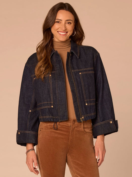 Democracy Clothing Three Quarter Snap Cuff Sleeve Adjustable Hem Denim Bomber Jacket - Indigo Denim