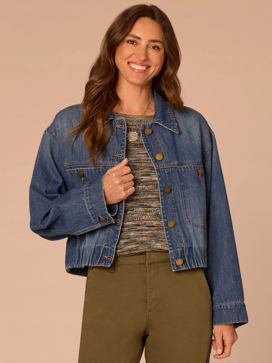 Democracy Clothing Long Sleeve Button Front Cropped Elastic Hem Denim Jacket - Blue Artisanal Denim
