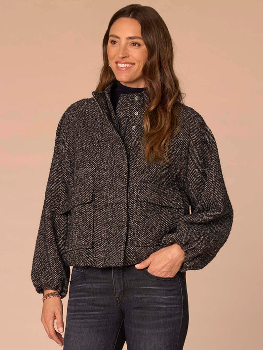 Democracy Clothing Long Raglan Sleeve Mock Neck Zip Up Bubble Hem Woven Jacket - Black Wheat Multi