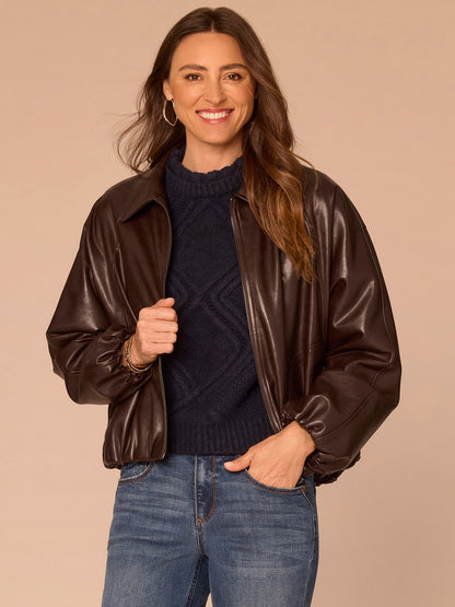 Democracy Clothing Long Blouson Sleeve Collared Zip Up Petite Pleather Bomber Jacket - Chocolate Fudge