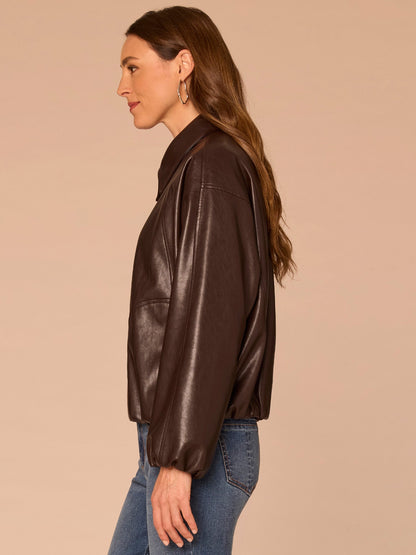 Democracy Clothing Long Blouson Sleeve Collared Zip Up Petite Pleather Bomber Jacket - Chocolate Fudge