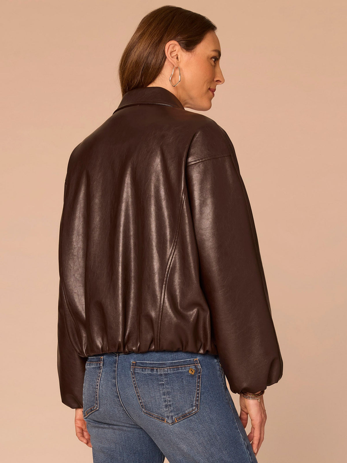 Democracy Clothing Long Blouson Sleeve Collared Zip Up Petite Pleather Bomber Jacket - Chocolate Fudge