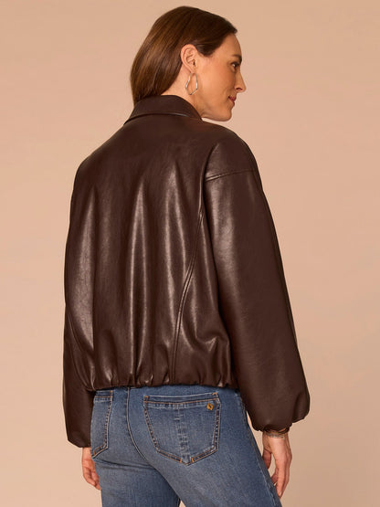 Democracy Clothing Long Blouson Sleeve Collared Zip Up Petite Pleather Bomber Jacket - Chocolate Fudge
