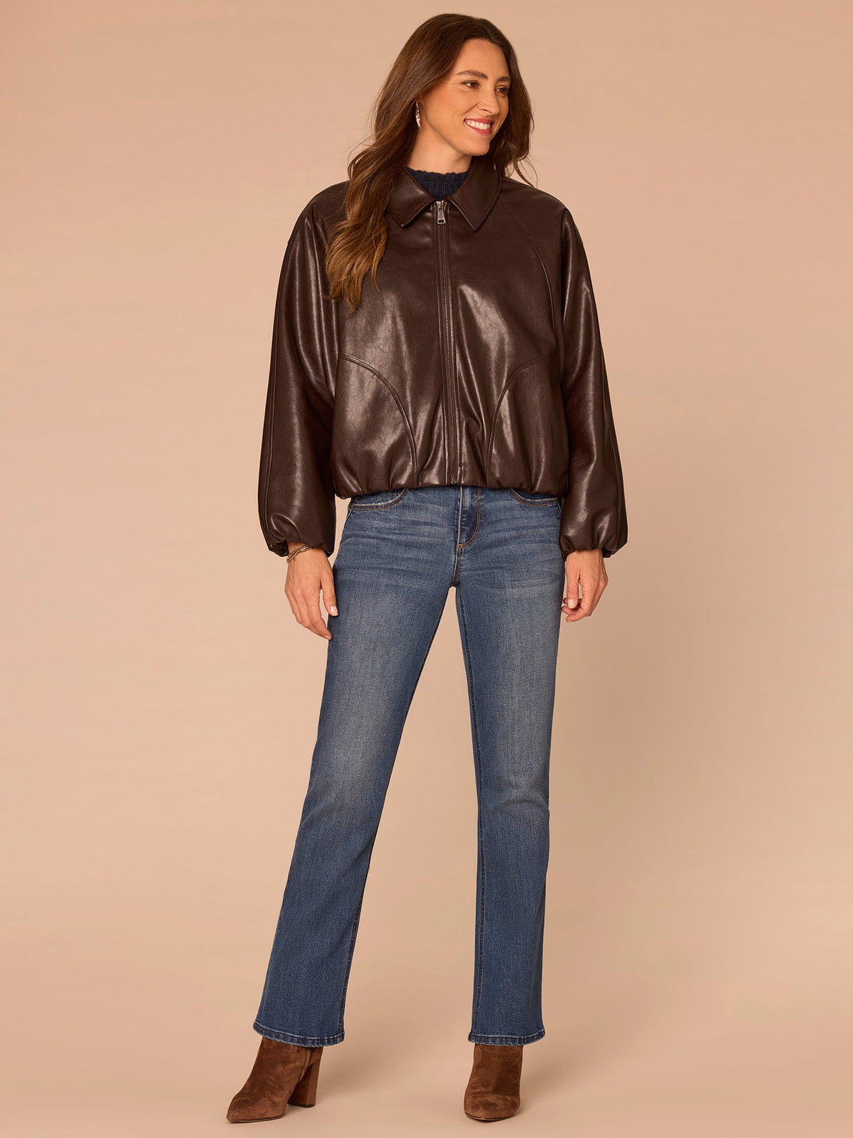 Democracy Clothing Long Blouson Sleeve Collared Zip Up Petite Pleather Bomber Jacket - Chocolate Fudge