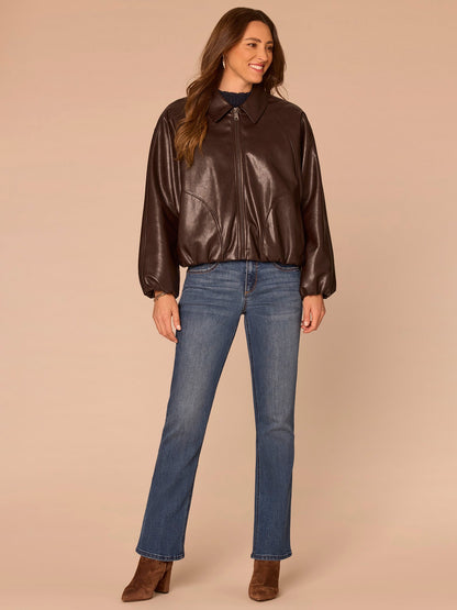 Democracy Clothing Long Blouson Sleeve Collared Zip Up Petite Pleather Bomber Jacket - Chocolate Fudge