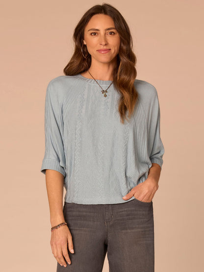 Democracy Clothing Three Quarter Dolman Batwing Sleeve Crew Neck Mixed Media Knit Top - Heather Nile Blue|Heather Saddle