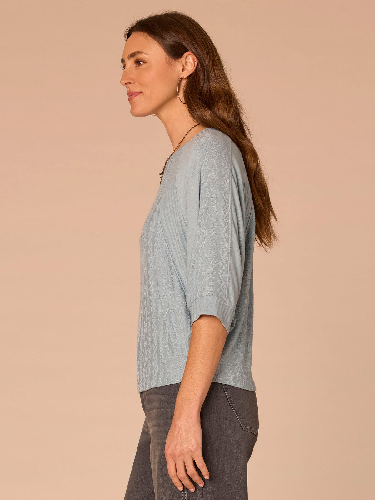 Democracy Clothing Three Quarter Dolman Batwing Sleeve Crew Neck Mixed Media Knit Top - Heather Nile Blue|Heather Saddle