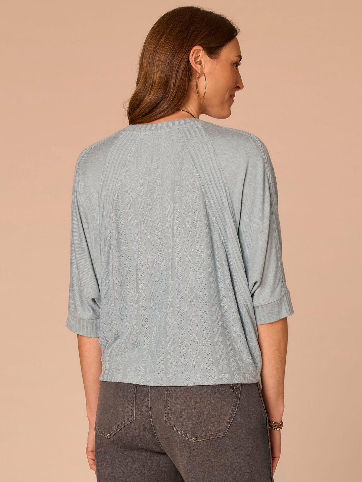 Democracy Clothing Three Quarter Dolman Batwing Sleeve Crew Neck Mixed Media Knit Top - Heather Nile Blue|Heather Saddle