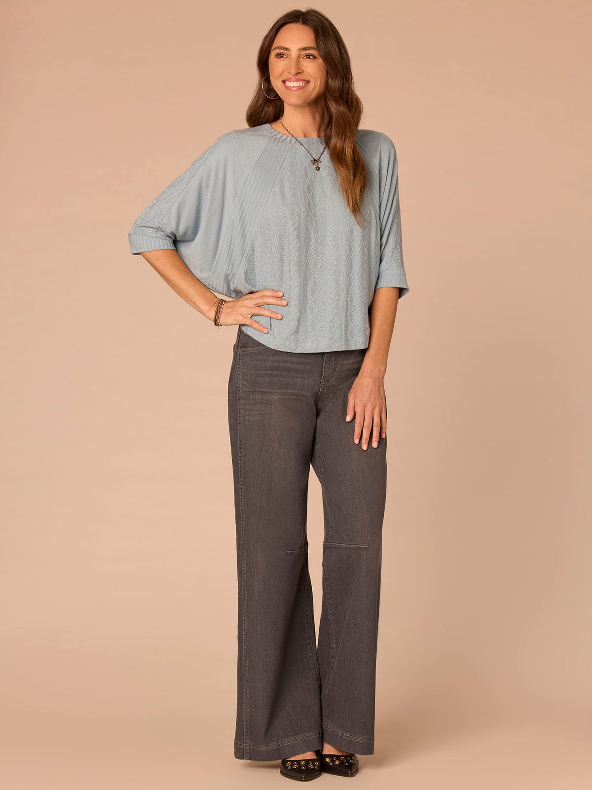 Democracy Clothing Three Quarter Dolman Batwing Sleeve Crew Neck Mixed Media Knit Top - Heather Nile Blue|Heather Saddle