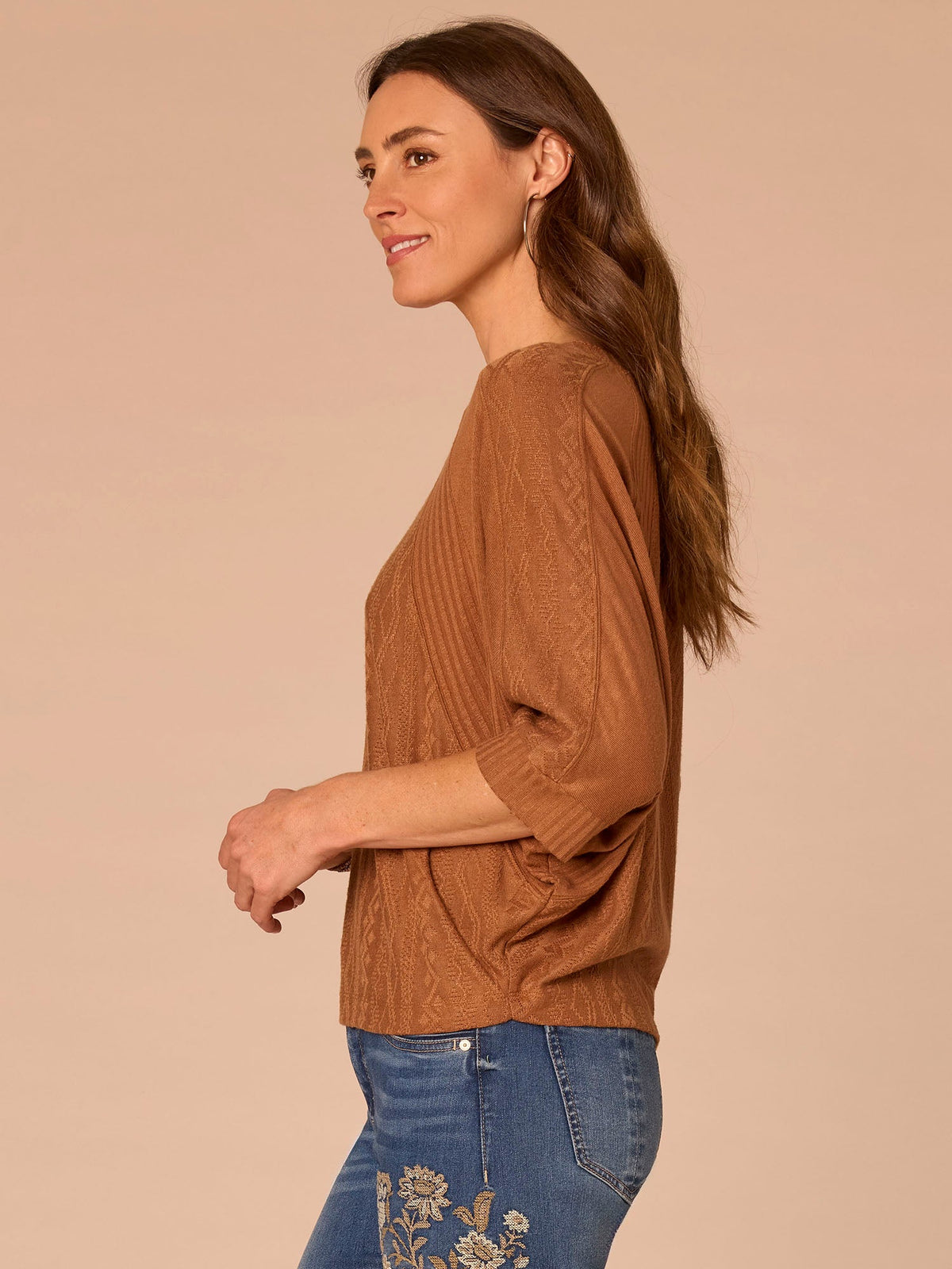 Democracy Clothing Three Quarter Dolman Batwing Sleeve Crew Neck Mixed Media Knit Top - Heather Nile Blue|Heather Saddle
