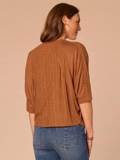 Democracy Clothing Three Quarter Dolman Batwing Sleeve Crew Neck Mixed Media Knit Top - Heather Nile Blue|Heather Saddle
