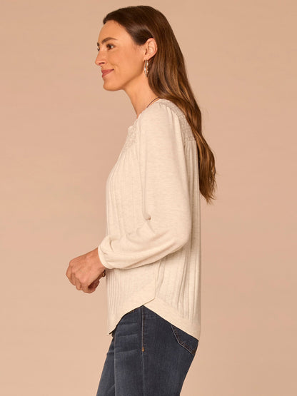 Democracy Clothing Long Blouson Sleeve Mandarin Collar Half Placket Mixed Media Knit Top - Heather Cream|Heather Fig Jam|Heather Grape Leaf|Heather Navy