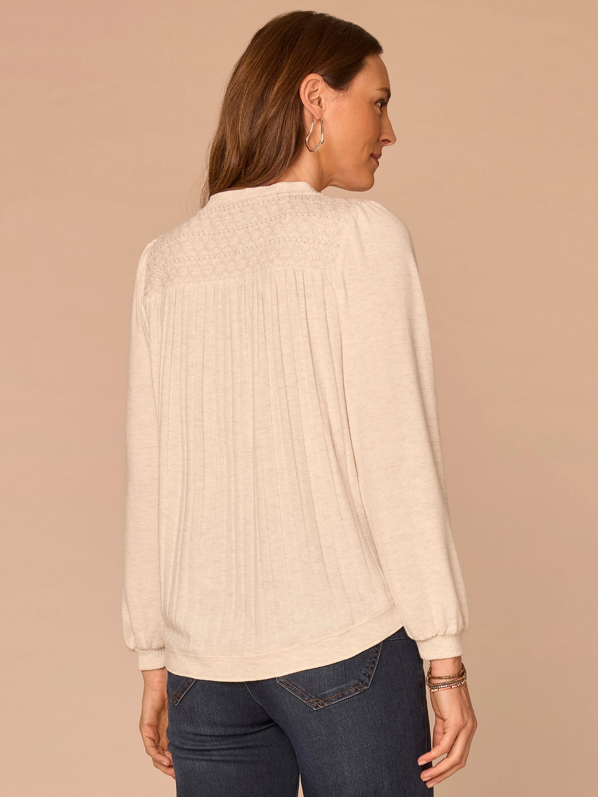 Democracy Clothing Long Blouson Sleeve Mandarin Collar Half Placket Mixed Media Knit Top - Heather Cream|Heather Fig Jam|Heather Grape Leaf|Heather Navy