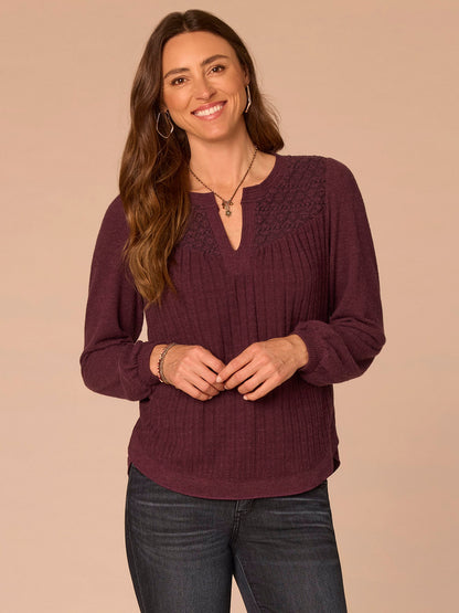 Democracy Clothing Long Blouson Sleeve Mandarin Collar Half Placket Mixed Media Knit Top - Heather Cream|Heather Fig Jam|Heather Grape Leaf|Heather Navy