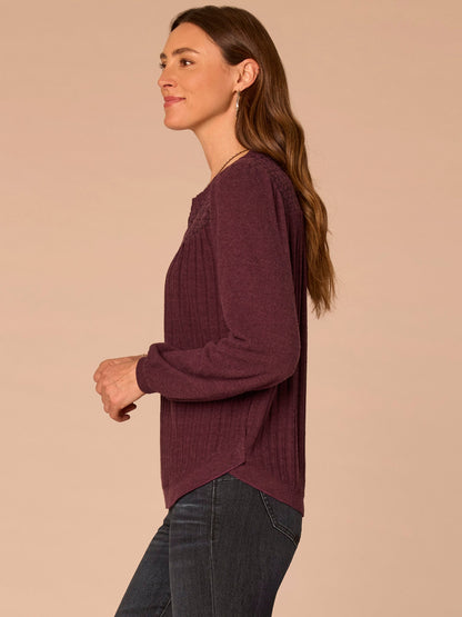 Democracy Clothing Long Blouson Sleeve Mandarin Collar Half Placket Mixed Media Knit Top - Heather Cream|Heather Fig Jam|Heather Grape Leaf|Heather Navy