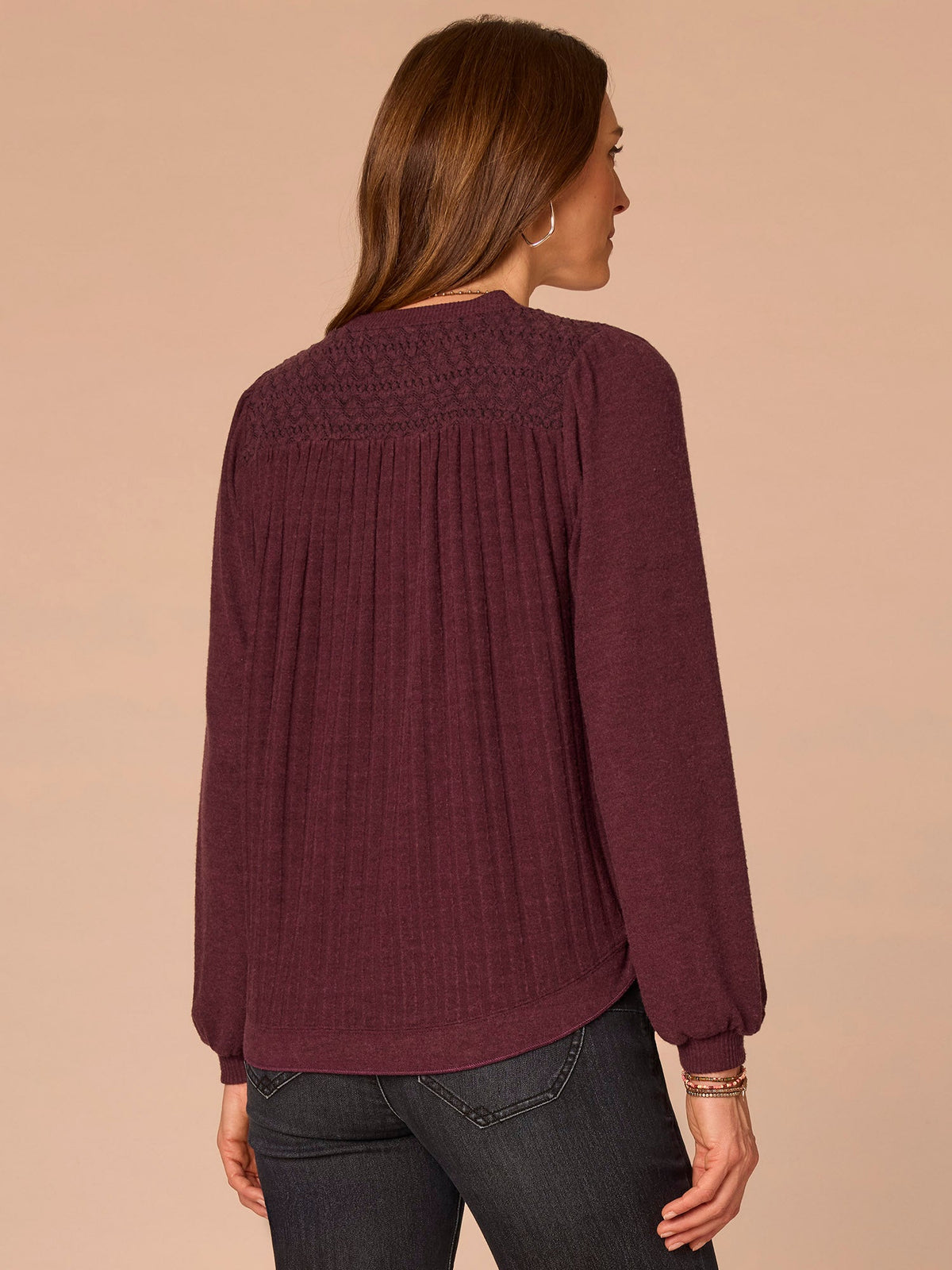 Democracy Clothing Long Blouson Sleeve Mandarin Collar Half Placket Mixed Media Knit Top - Heather Cream|Heather Fig Jam|Heather Grape Leaf|Heather Navy