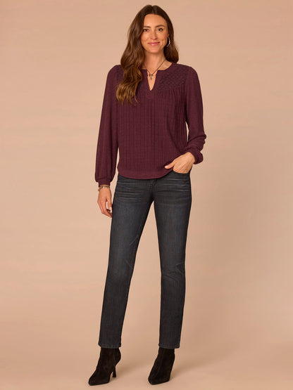 Democracy Clothing Long Blouson Sleeve Mandarin Collar Half Placket Mixed Media Knit Top - Heather Cream|Heather Fig Jam|Heather Grape Leaf|Heather Navy