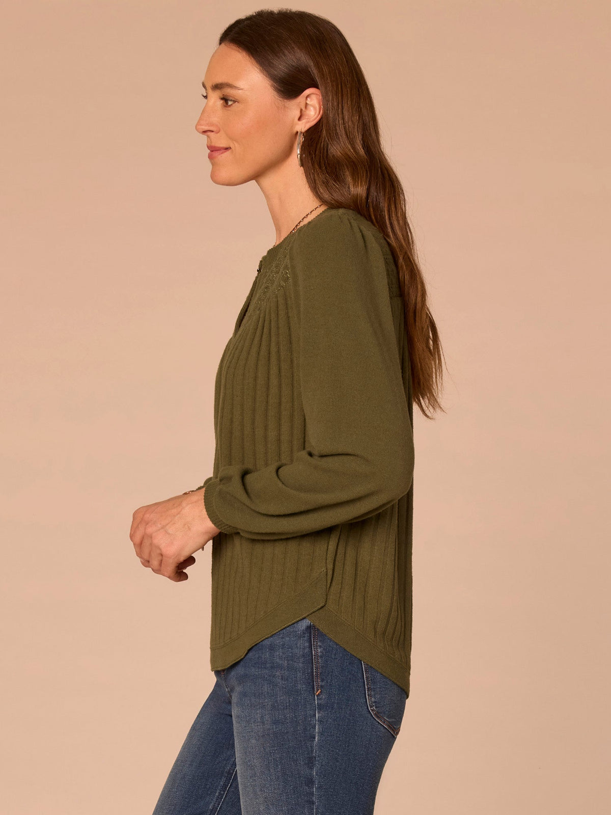 Democracy Clothing Long Blouson Sleeve Mandarin Collar Half Placket Mixed Media Knit Top - Heather Cream|Heather Fig Jam|Heather Grape Leaf|Heather Navy