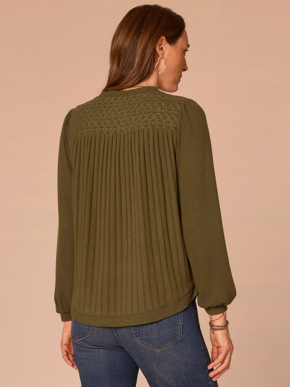 Democracy Clothing Long Blouson Sleeve Mandarin Collar Half Placket Mixed Media Knit Top - Heather Cream|Heather Fig Jam|Heather Grape Leaf|Heather Navy