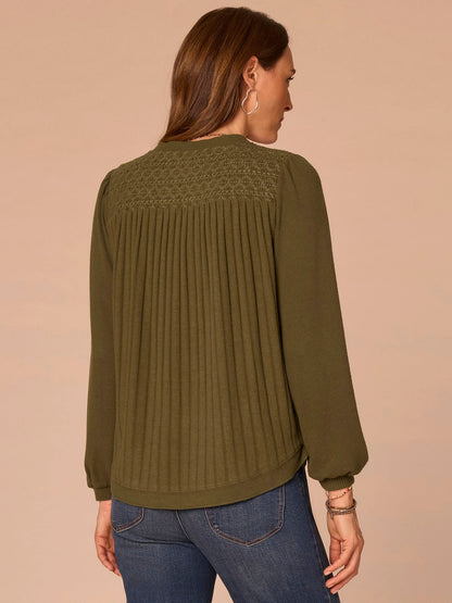 Democracy Clothing Long Blouson Sleeve Mandarin Collar Half Placket Mixed Media Knit Top - Heather Cream|Heather Fig Jam|Heather Grape Leaf|Heather Navy