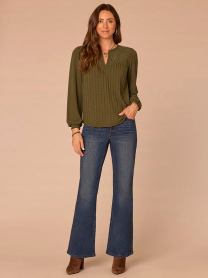 Democracy Clothing Long Blouson Sleeve Mandarin Collar Half Placket Mixed Media Knit Top - Heather Cream|Heather Fig Jam|Heather Grape Leaf|Heather Navy