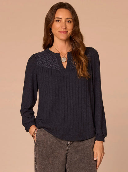 Democracy Clothing Long Blouson Sleeve Mandarin Collar Half Placket Mixed Media Knit Top - Heather Cream|Heather Fig Jam|Heather Grape Leaf|Heather Navy