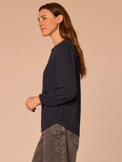Democracy Clothing Long Blouson Sleeve Mandarin Collar Half Placket Mixed Media Knit Top - Heather Cream|Heather Fig Jam|Heather Grape Leaf|Heather Navy
