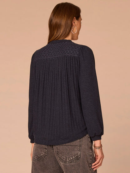 Democracy Clothing Long Blouson Sleeve Mandarin Collar Half Placket Mixed Media Knit Top - Heather Cream|Heather Fig Jam|Heather Grape Leaf|Heather Navy