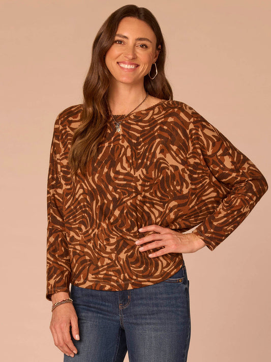 Democracy Clothing Long Batwing Sleeve Boat Neck Abstract Print Petite Knit Top - Brown Multi Print