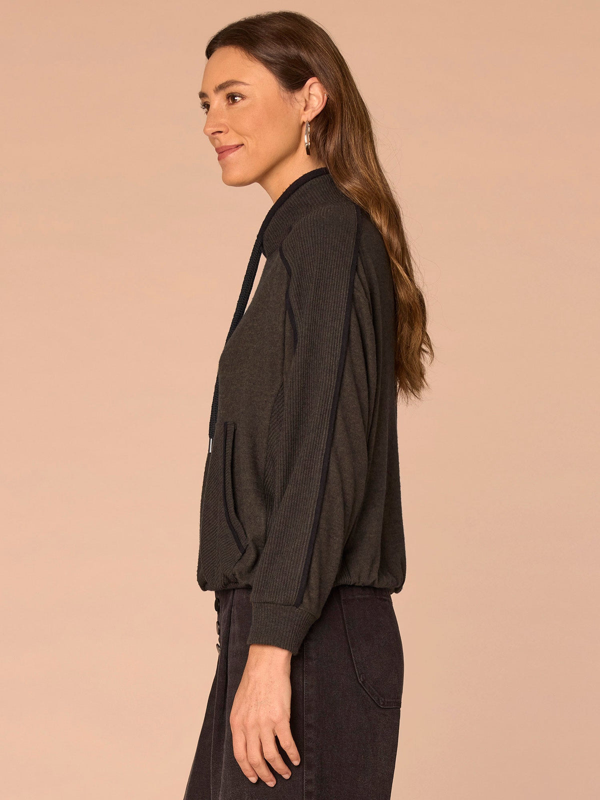 Democracy Clothing Long Sleeve Tie Collar Kangaroo Pocket Bubble Hem Mixed Media Knit Top - Heather Evening Blue Black|Heather Ecru Heather Vintage Walnut|Heather Duffle Green Black