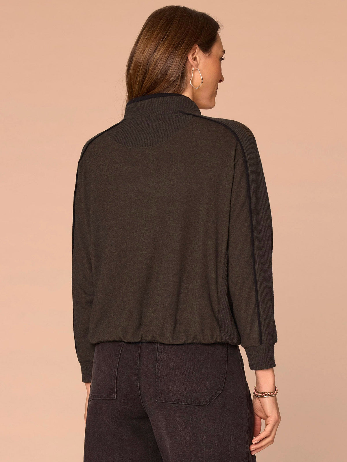 Democracy Clothing Long Sleeve Tie Collar Kangaroo Pocket Bubble Hem Mixed Media Knit Top - Heather Evening Blue Black|Heather Ecru Heather Vintage Walnut|Heather Duffle Green Black