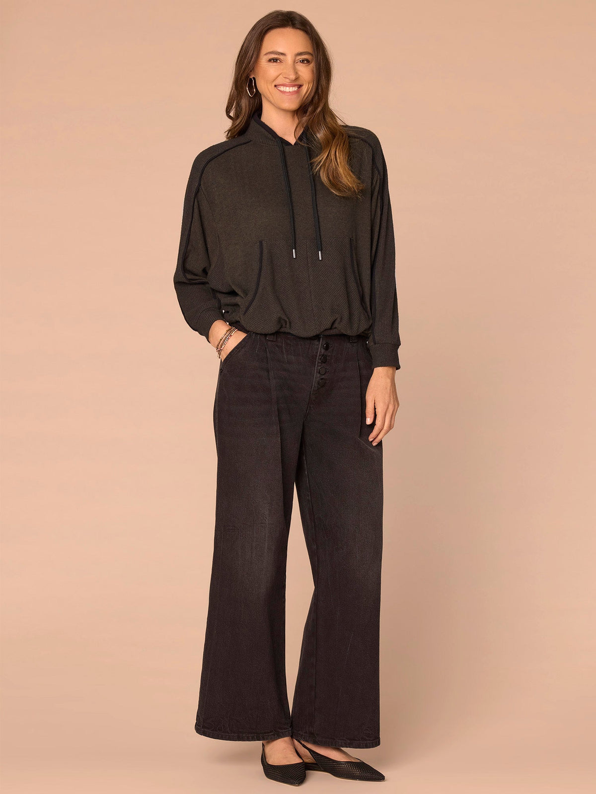 Democracy Clothing Long Sleeve Tie Collar Kangaroo Pocket Bubble Hem Mixed Media Knit Top - Heather Evening Blue Black|Heather Ecru Heather Vintage Walnut|Heather Duffle Green Black