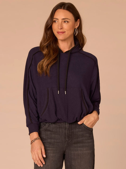 Democracy Clothing Long Sleeve Tie Collar Kangaroo Pocket Bubble Hem Mixed Media Knit Top - Heather Evening Blue Black|Heather Ecru Heather Vintage Walnut|Heather Duffle Green Black