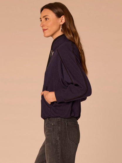 Democracy Clothing Long Sleeve Tie Collar Kangaroo Pocket Bubble Hem Mixed Media Knit Top - Heather Evening Blue Black|Heather Ecru Heather Vintage Walnut|Heather Duffle Green Black