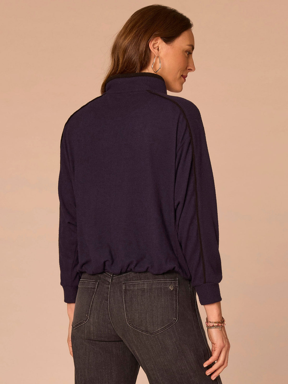 Democracy Clothing Long Sleeve Tie Collar Kangaroo Pocket Bubble Hem Mixed Media Knit Top - Heather Evening Blue Black|Heather Ecru Heather Vintage Walnut|Heather Duffle Green Black