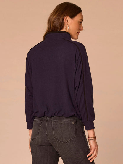 Democracy Clothing Long Sleeve Tie Collar Kangaroo Pocket Bubble Hem Mixed Media Knit Top - Heather Evening Blue Black|Heather Ecru Heather Vintage Walnut|Heather Duffle Green Black