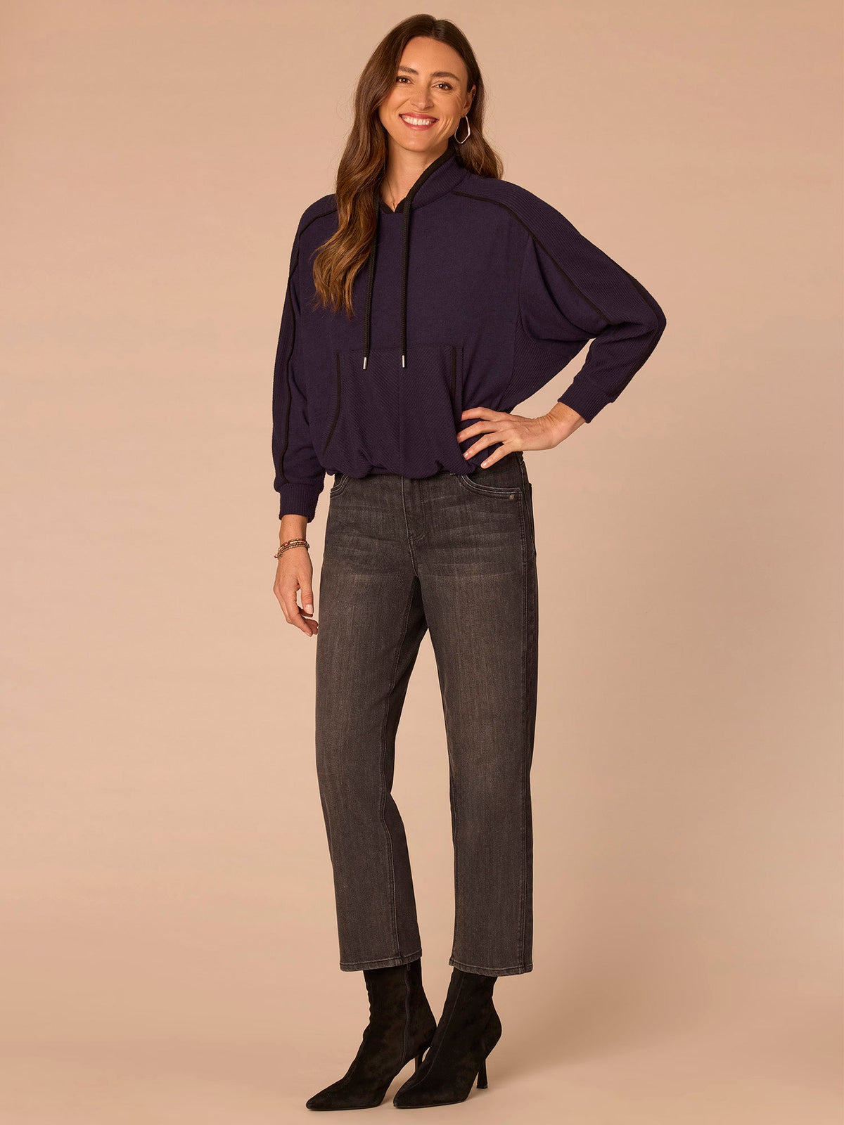 Democracy Clothing Long Sleeve Tie Collar Kangaroo Pocket Bubble Hem Mixed Media Knit Top - Heather Evening Blue Black|Heather Ecru Heather Vintage Walnut|Heather Duffle Green Black