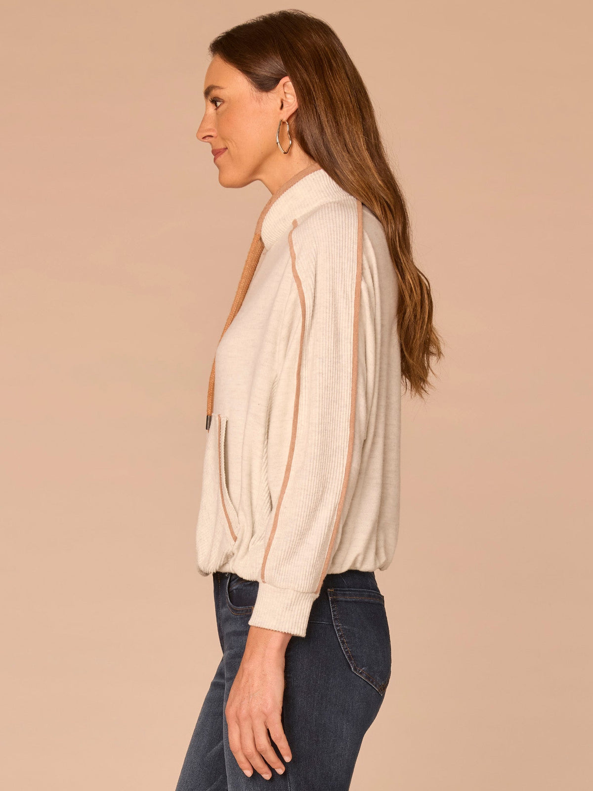 Democracy Clothing Long Sleeve Tie Collar Kangaroo Pocket Bubble Hem Mixed Media Knit Top - Heather Evening Blue Black|Heather Ecru Heather Vintage Walnut|Heather Duffle Green Black