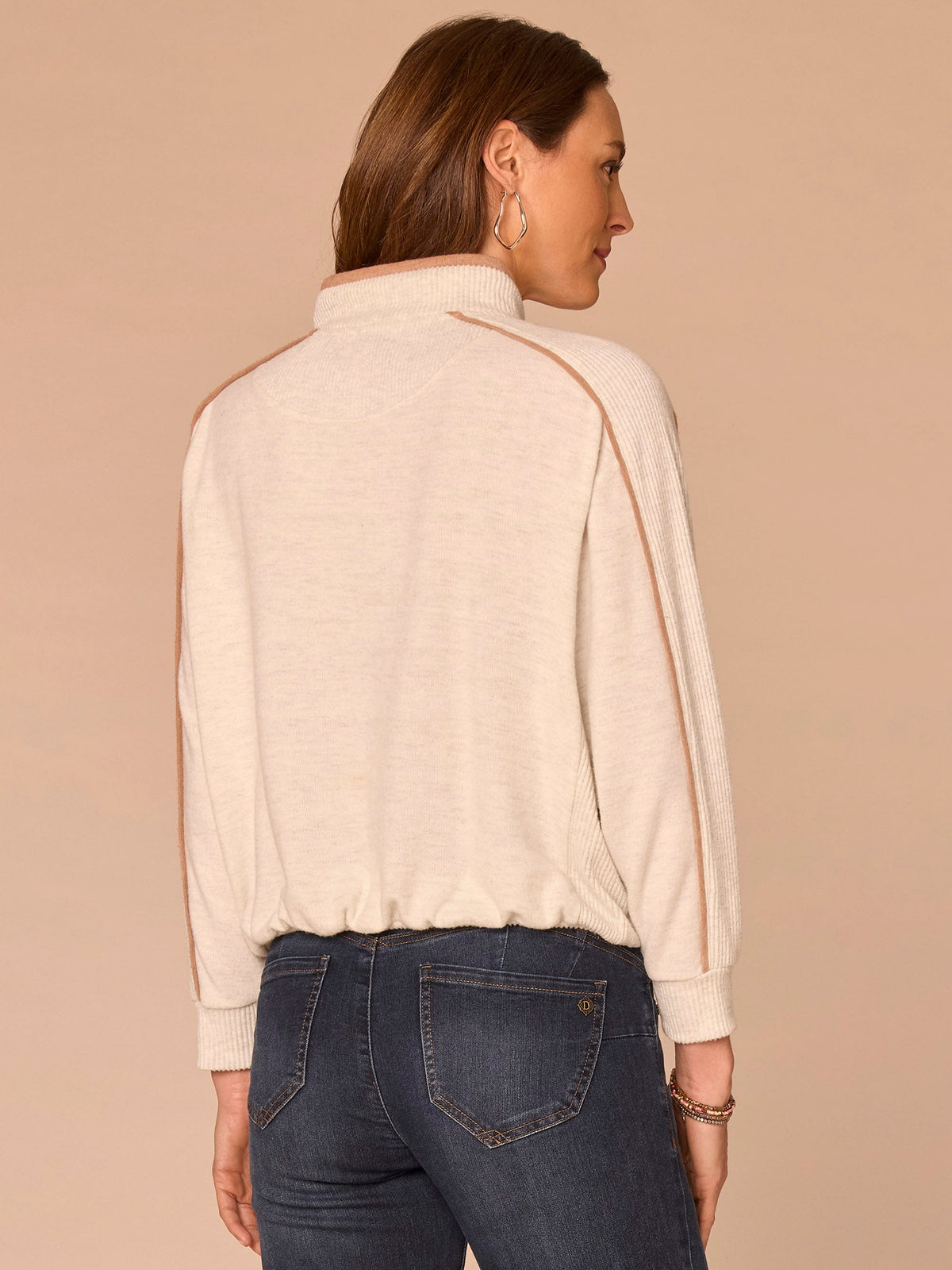 Democracy Clothing Long Sleeve Tie Collar Kangaroo Pocket Bubble Hem Mixed Media Knit Top - Heather Evening Blue Black|Heather Ecru Heather Vintage Walnut|Heather Duffle Green Black