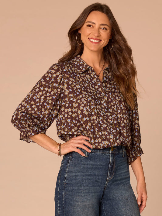 Democracy Clothing Three Quarter Cinched Flounce Sleeve Scallop Collar Printed Woven Top - Coffee Bean Blue Multi
