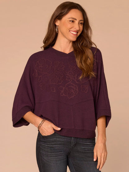 Democracy Clothing Three Quarter Dolman Sleeve High V-Neck Embroidered Knit Top - Heather Concord Grape|Heather Cream