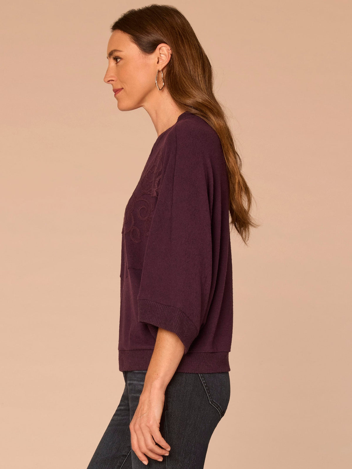 Democracy Clothing Three Quarter Dolman Sleeve High V-Neck Embroidered Knit Top - Heather Concord Grape|Heather Cream