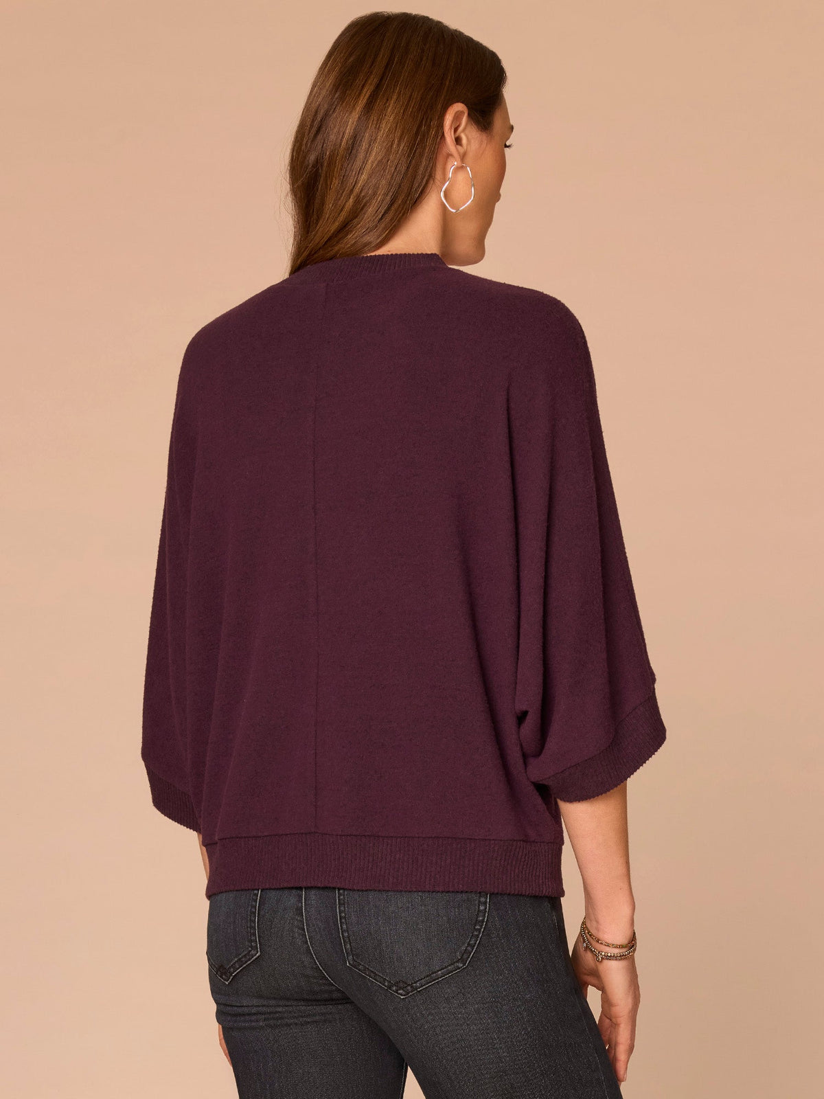 Democracy Clothing Three Quarter Dolman Sleeve High V-Neck Embroidered Knit Top - Heather Concord Grape|Heather Cream