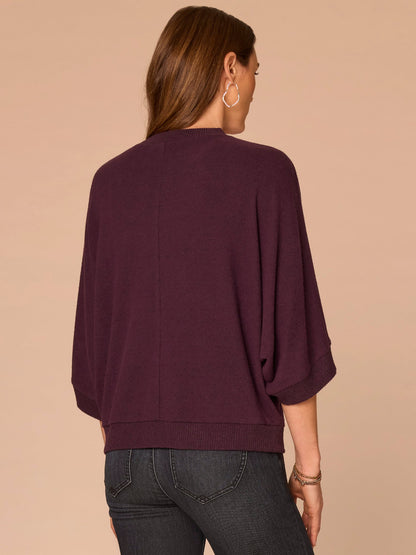 Democracy Clothing Three Quarter Dolman Sleeve High V-Neck Embroidered Knit Top - Heather Concord Grape|Heather Cream