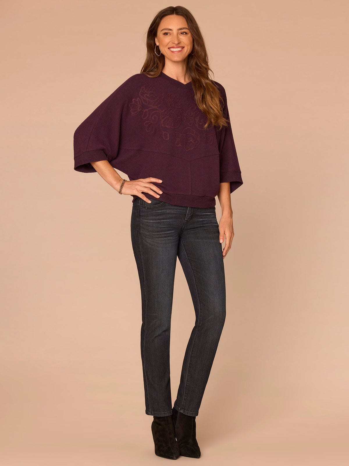 Democracy Clothing Three Quarter Dolman Sleeve High V-Neck Embroidered Knit Top - Heather Concord Grape|Heather Cream