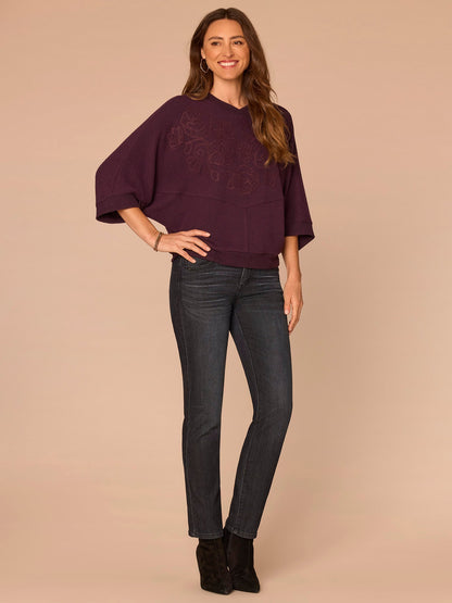 Democracy Clothing Three Quarter Dolman Sleeve High V-Neck Embroidered Knit Top - Heather Concord Grape|Heather Cream